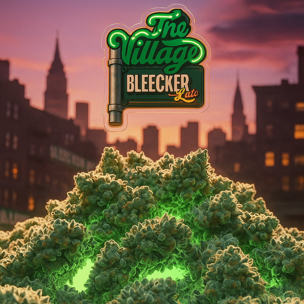 The Village BleeckerLato cannabis strain logo floating above glowing green cannabis buds with a New York City skyline at sunset.
