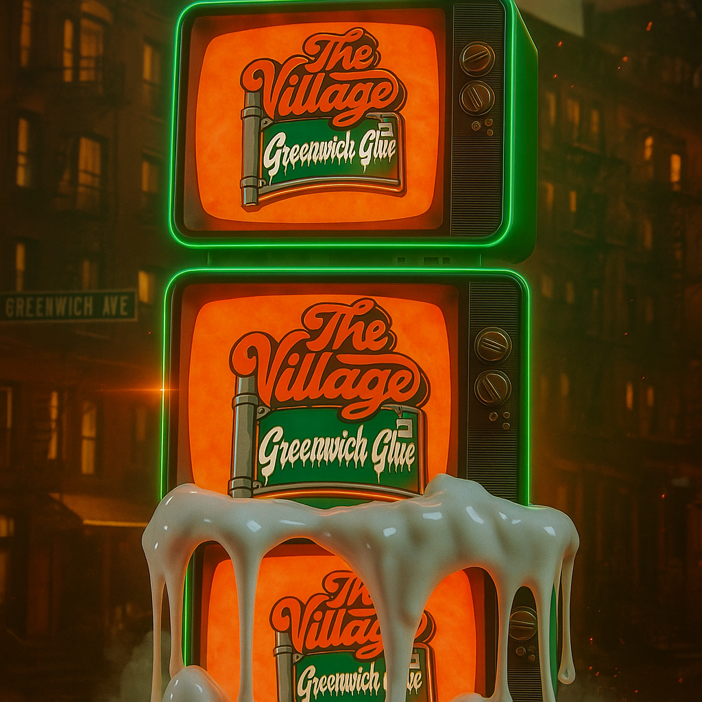 Stack of neon green retro televisions showing The Village “Greenwich Glue” logo, dripping with glossy white glue against a smoky orange background.