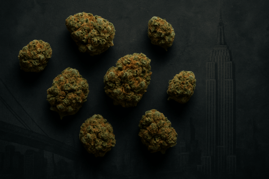 dense cannabis flower buds arranged on a dark slate background with a faint New York City skyline.