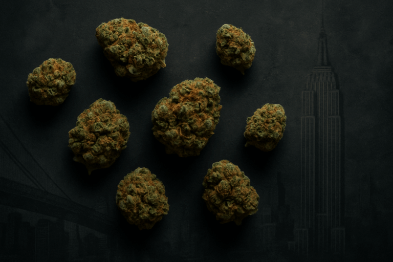 dense cannabis flower buds arranged on a dark slate background with a faint New York City skyline.